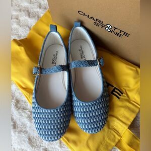 Charlotte Stone Mary Jane Ballet Flats Raleigh in Blue Denim & Suede NEW IN BOX